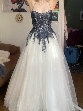 Alyce Paris White Ballgown with Navy Lace Appliqué